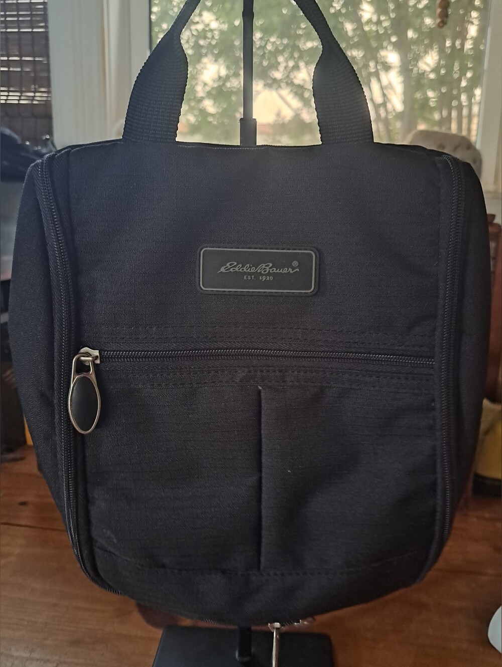 Eddie Bauer Hanging Travel Toiletry Bag Black Nylon Soft Case Mesh Pockets